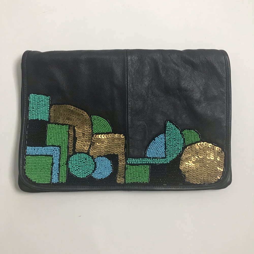 Large Leather envelope Clutch beaded and sequined